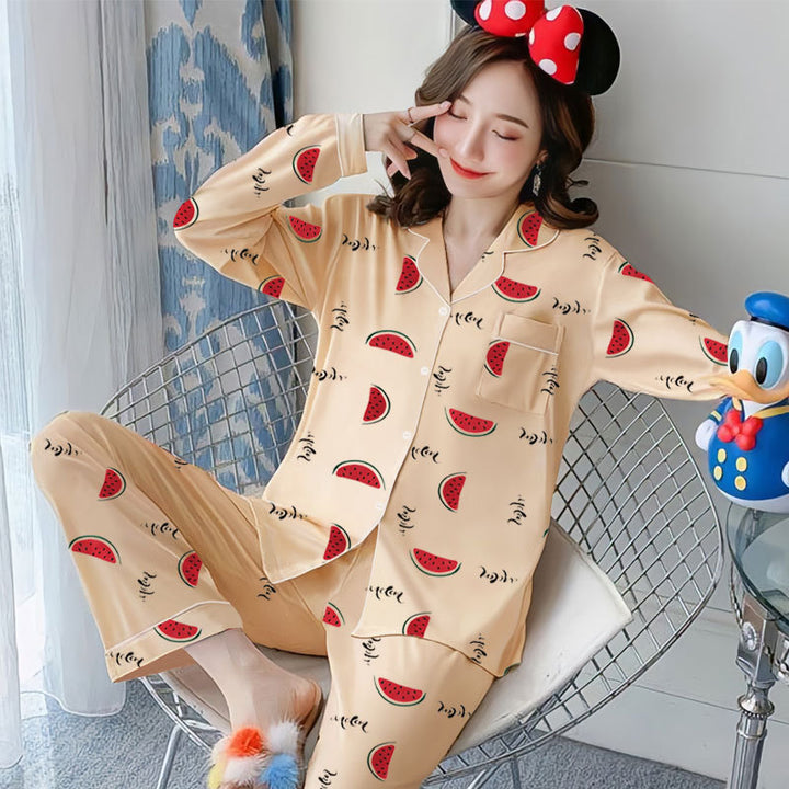 Damen-Pyjama-Set, langärmelig, geknöpft, verspieltes Design