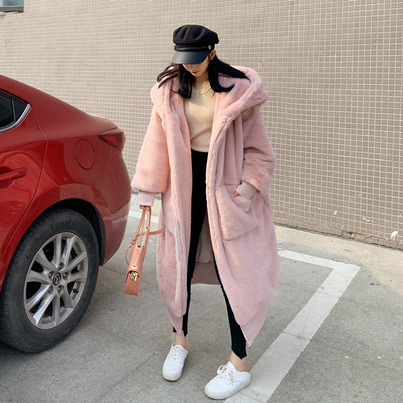 Lange Damen-Kapuzenjacke in Kaninchenfell-Optik