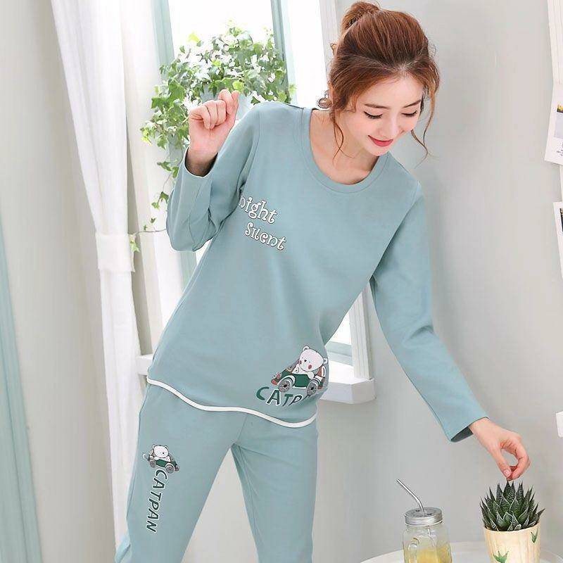 Damen-Pyjama-Set, Langarm, Cartoon-Muster, süß