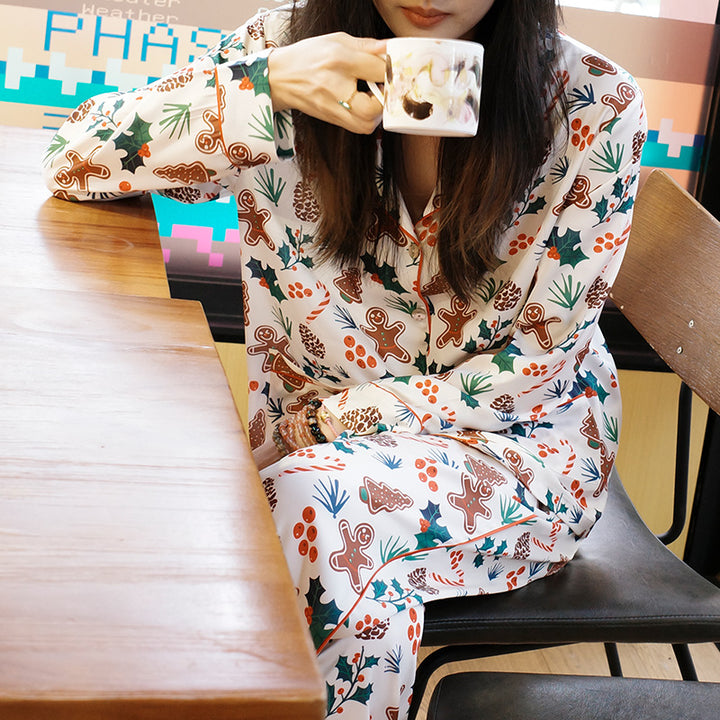 Damen-Pyjama-Set, Seidenoptik, Langarm, Weihnachtsmotiv
