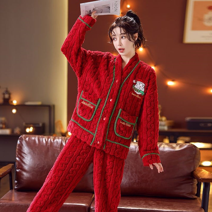 Damen-Weihnachtsschlafanzug, Flanell, V-Ausschnitt