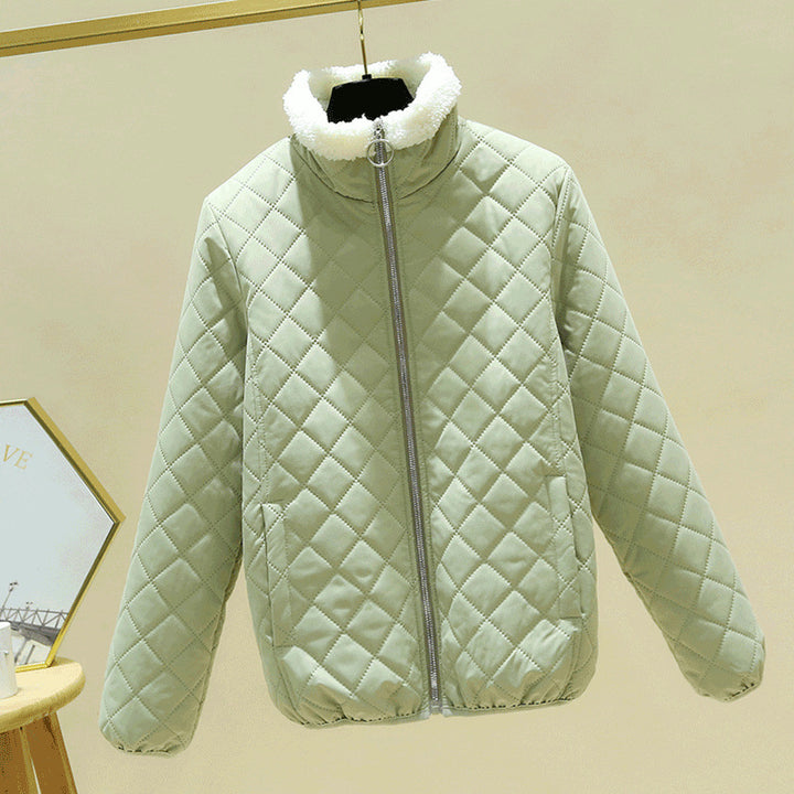 Leichte Damen-Steppjacke mit Lammfell-Optik und Stehkragen
