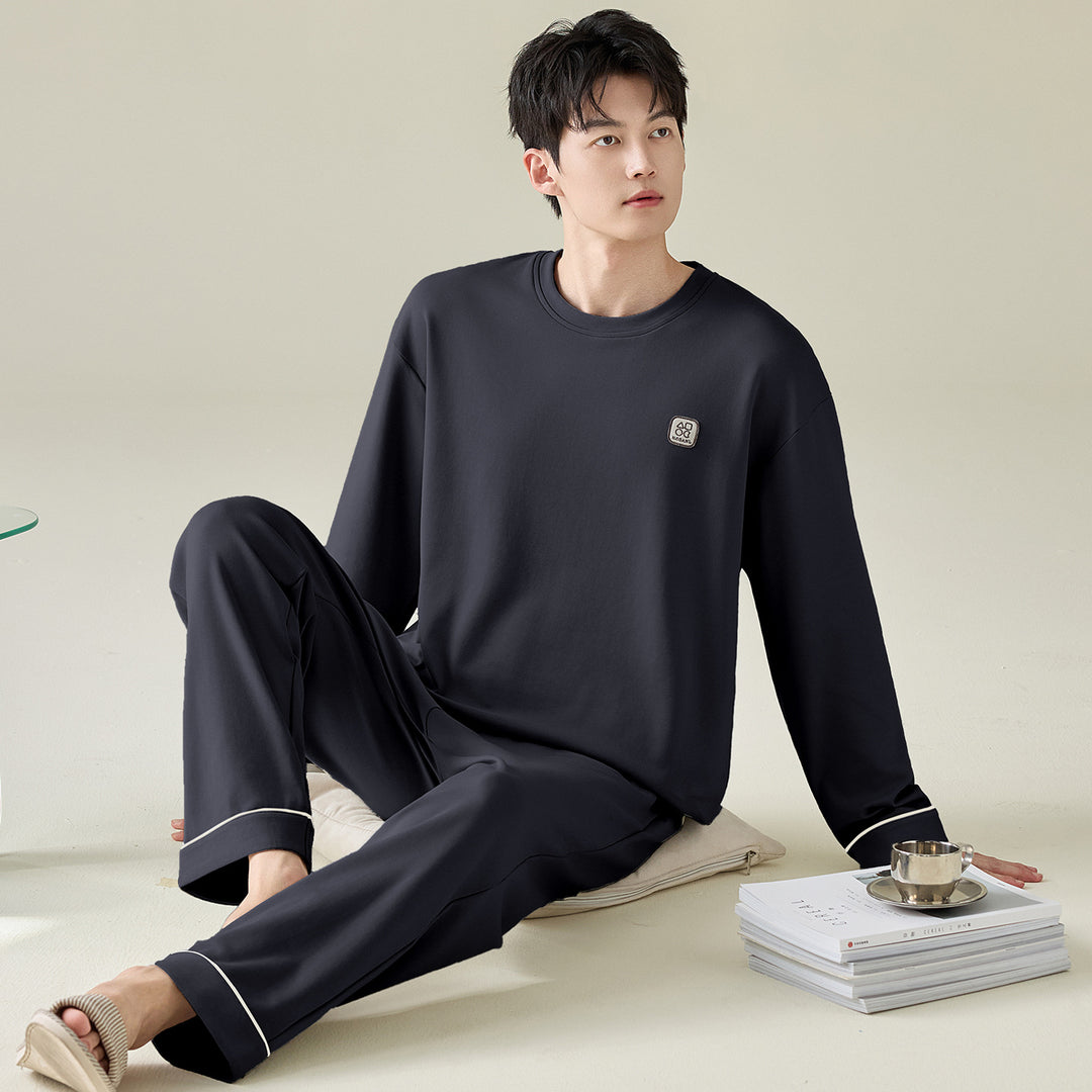 Herren-Pyjama-Set, 100% Baumwolle, Langarm, modern