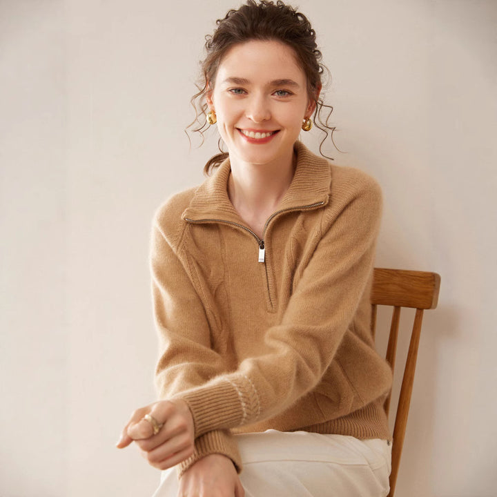 Damen-Kaschmirpullover mit Stehkragen und Reißverschluss