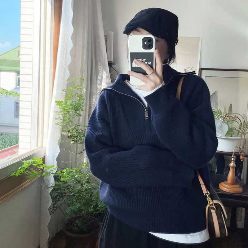 Damen-Strickpullover mit Reißverschluss und Rippstrick