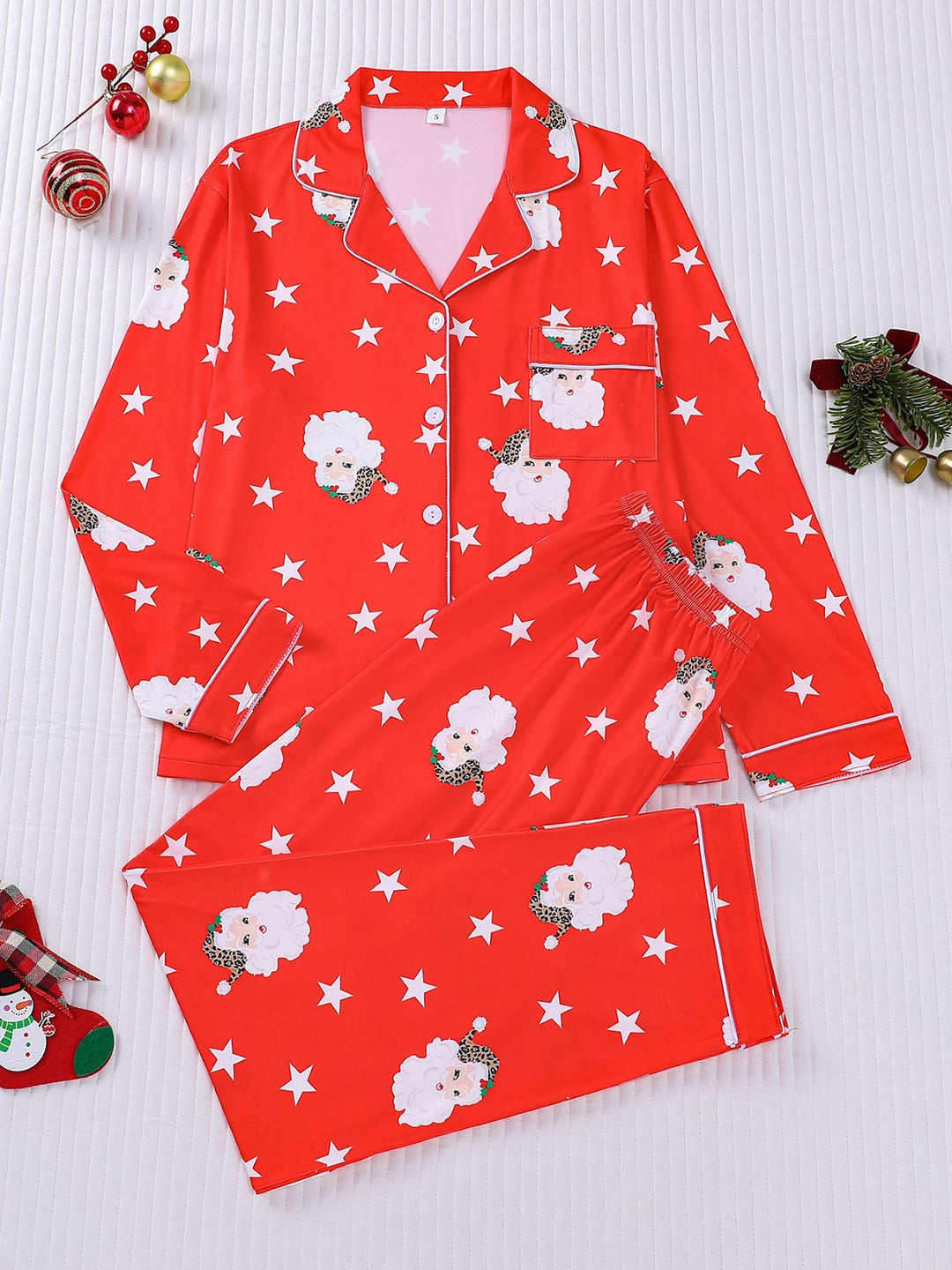 Damen-Pyjama-Set, Langarm, Weihnachtsmotiv, Reverskragen