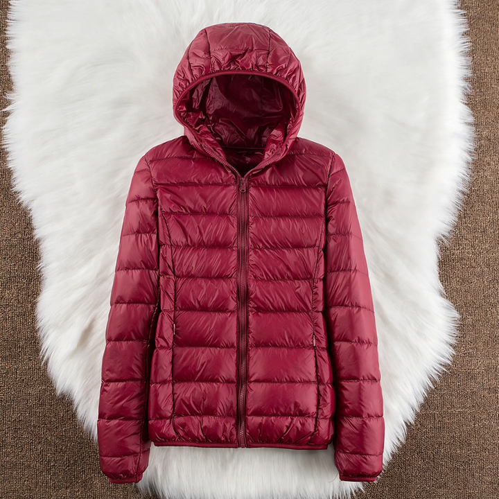 Leichte Damen-Daunenjacke mit Kapuze und Stehkragen