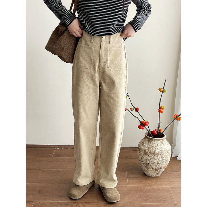 Kord-Weithose für Damen mit Taschen, hoch tailliert