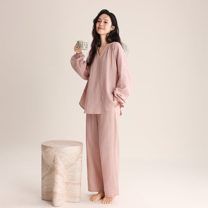 Damen-Pyjama-Set, Doppelschicht-Gaze, V-Ausschnitt
