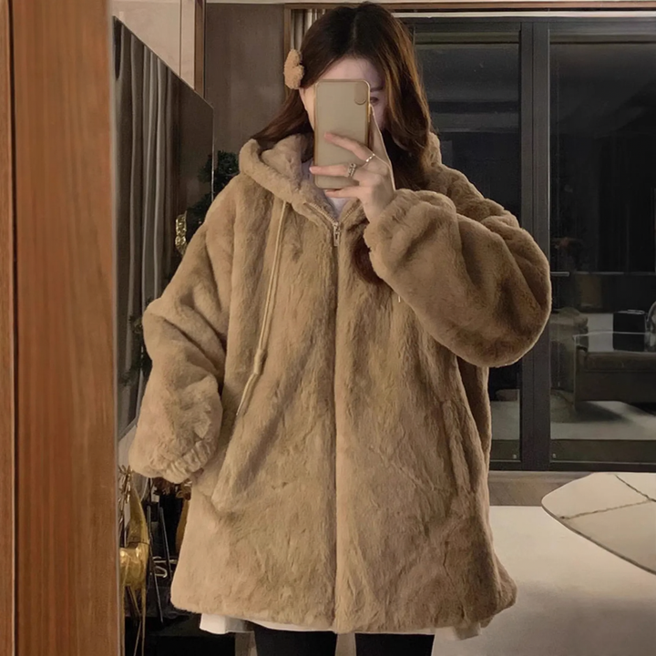 Lässige Lammfleece-Kapuzenjacke für Damen