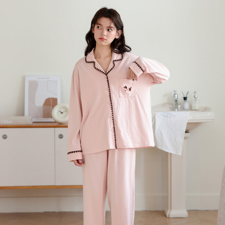 Damen-Pyjama-Set, Langarm, Baumwolle, Knopfleiste