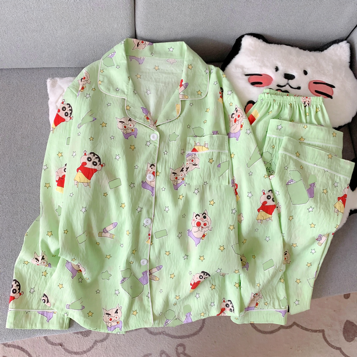 Damen-Pyjama-Set, langärmelig, mit Knopfleiste, Cartoon-Stil