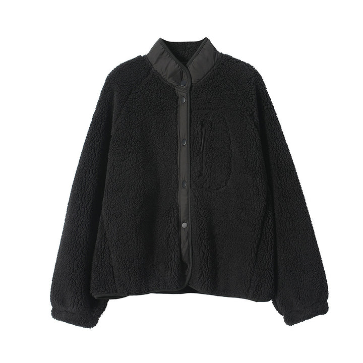 Gefütterte Fleecejacke mit Lammfell-Optik und Stehkragen