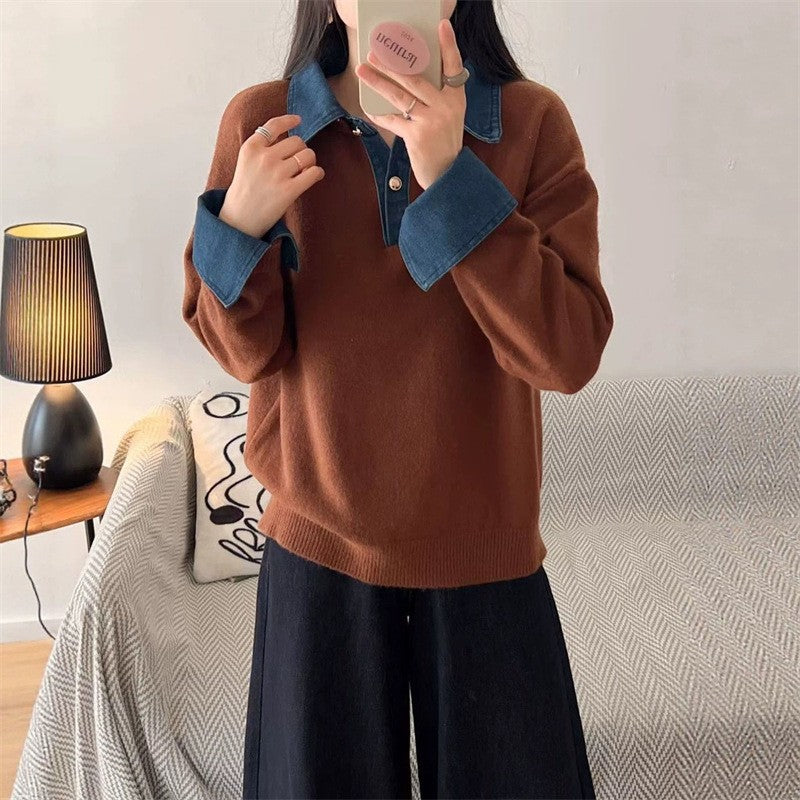 Damen-Strickpullover mit Polo-Kragen und Jeans-Ärmeln