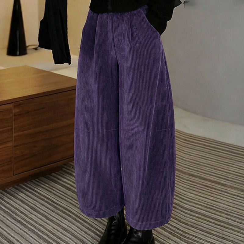 Damen-Kordhose, weit geschnitten, elastischer Bund