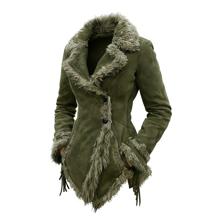 Damen-Wildlederimitat-Jacke mit Fellkragen und Revers
