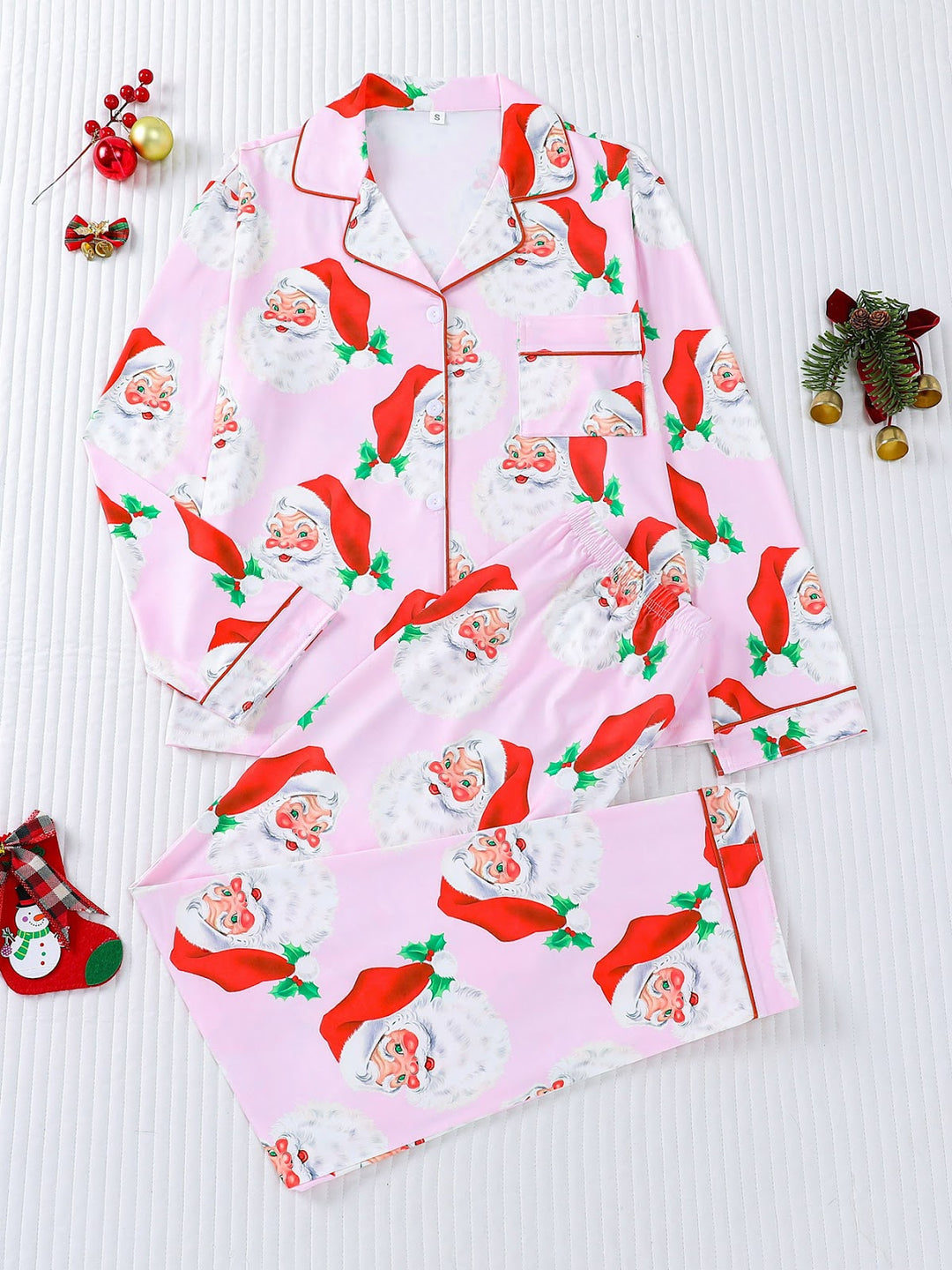 Damen-Pyjama-Set, Langarm, Weihnachtsmotiv, Reverskragen