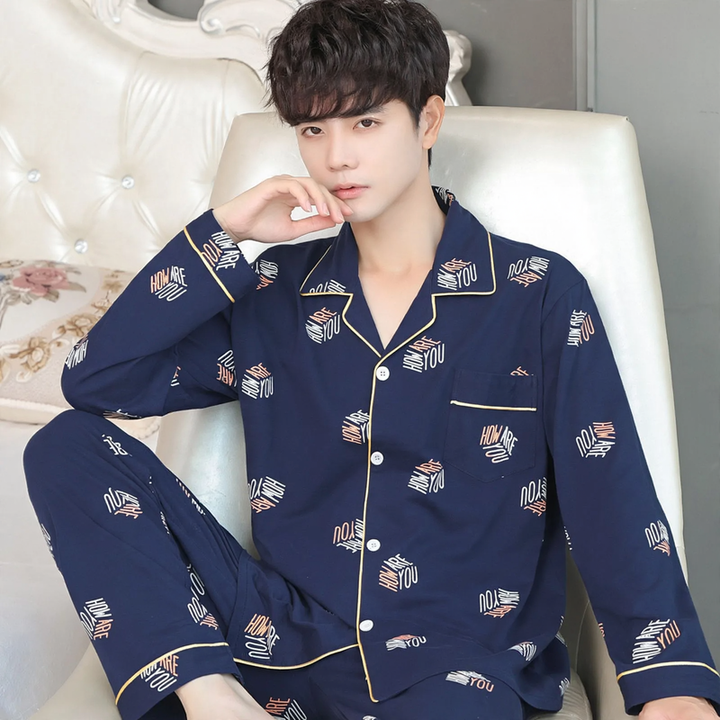 Herren-Pyjama-Set, 100% Baumwolle, Langarm