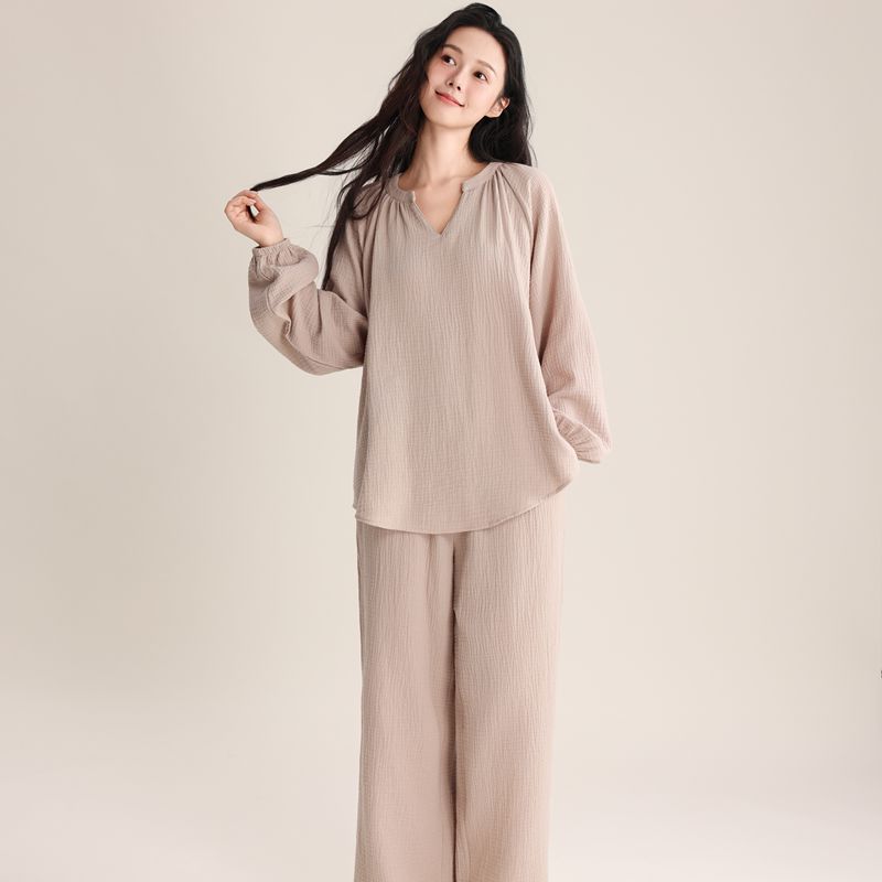 Damen-Pyjama-Set, Doppelschicht-Gaze, V-Ausschnitt