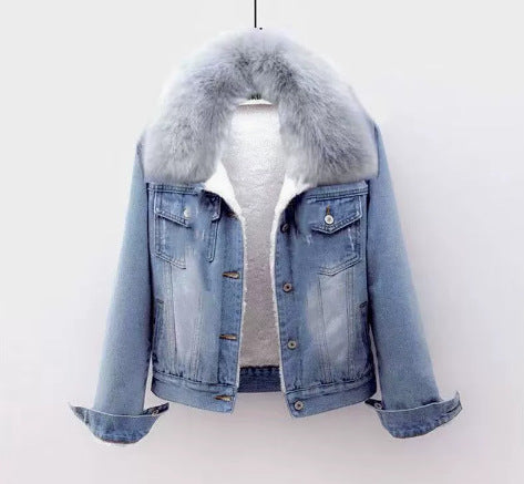 Gefütterte Damen-Jeansjacke mit Fellkragen, kurz