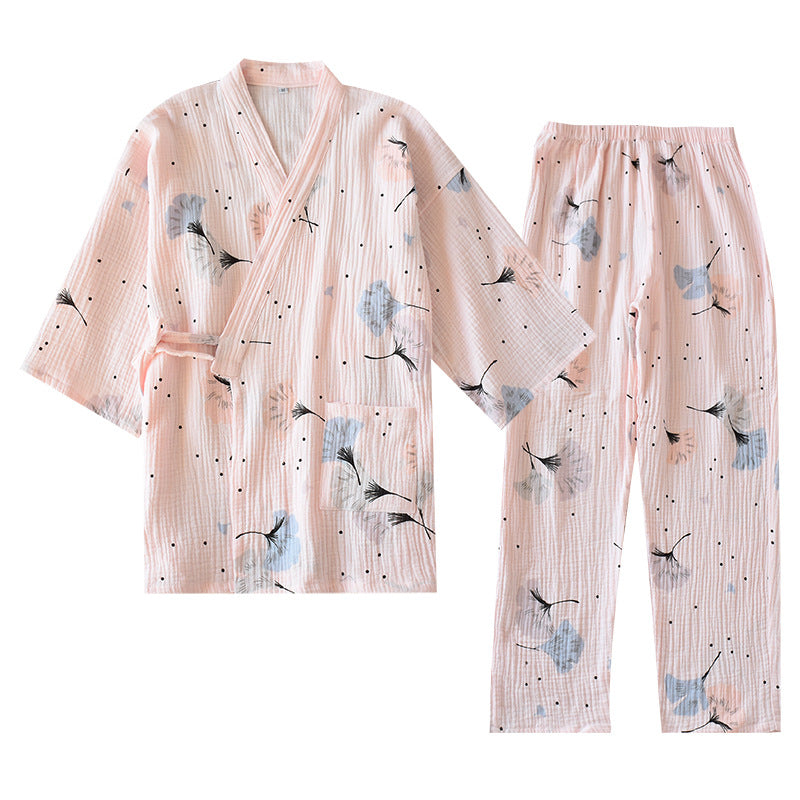 Damen-Kimono-Hausanzug aus Baumwoll-Musselin mit Ginkgo-Muster