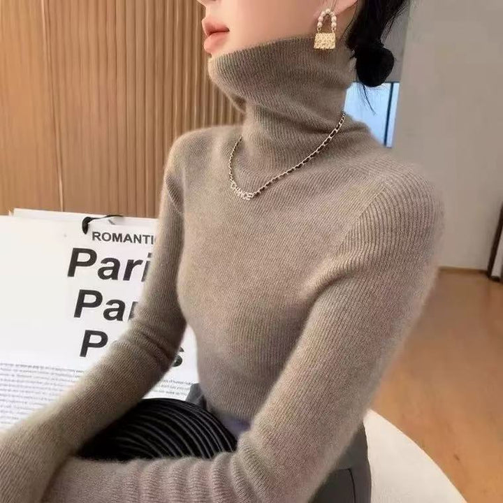 Damen-Woll-Strickpullover, Stehkragen, schmal geschnitten