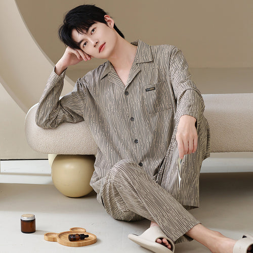 Herren-Pyjama-Set, Baumwolle, Langarm, klassisch