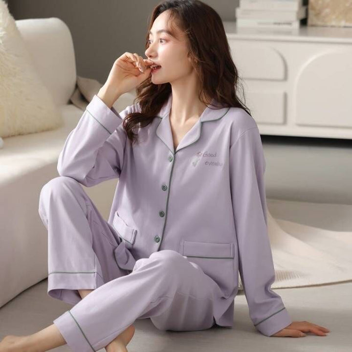 Damen-Pyjama-Set, 100% Baumwolle, langärmelig