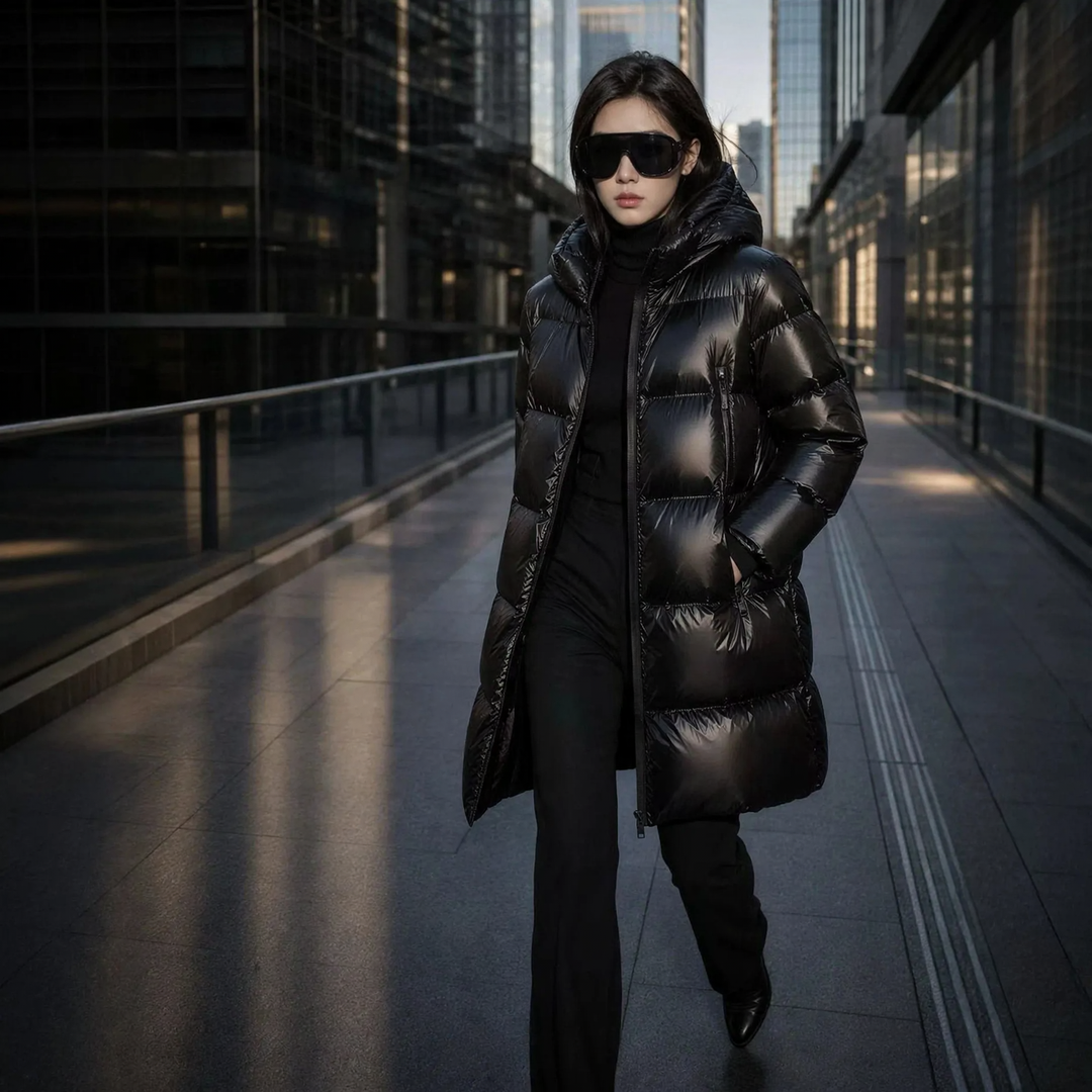 Mittellange Daunenjacke für Damen, gefüttert mit weißer Entendaune