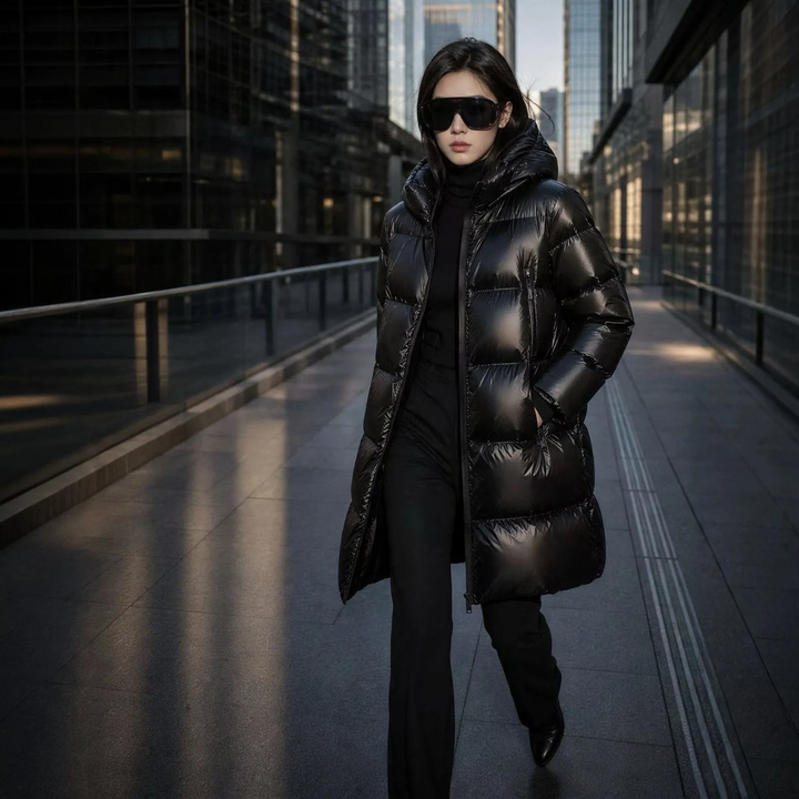 Mittellange Daunenjacke für Damen, gefüttert mit weißer Entendaune