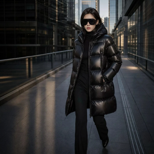 Mittellange Daunenjacke für Damen, gefüttert mit weißer Entendaune