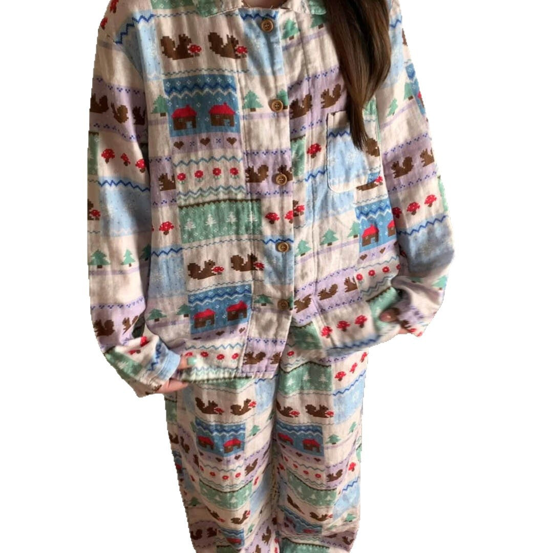 Damen-Pyjama-Set, langärmelig, mit Hütten-Druck