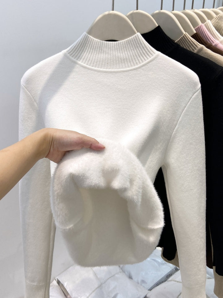 Gefütterter Damen-Strickpullover mit hohem Kragen