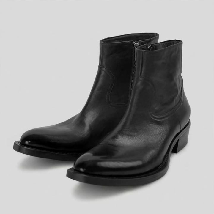 Vintage-Leder-Stiefeletten mit Blockabsatz