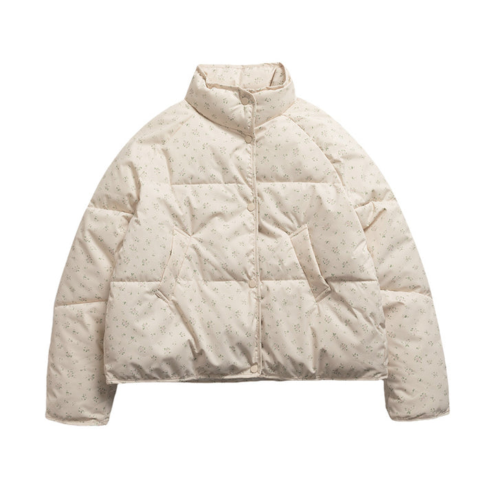 Kurze Damen-Steppjacke mit Stehkragen und Blumenmuster