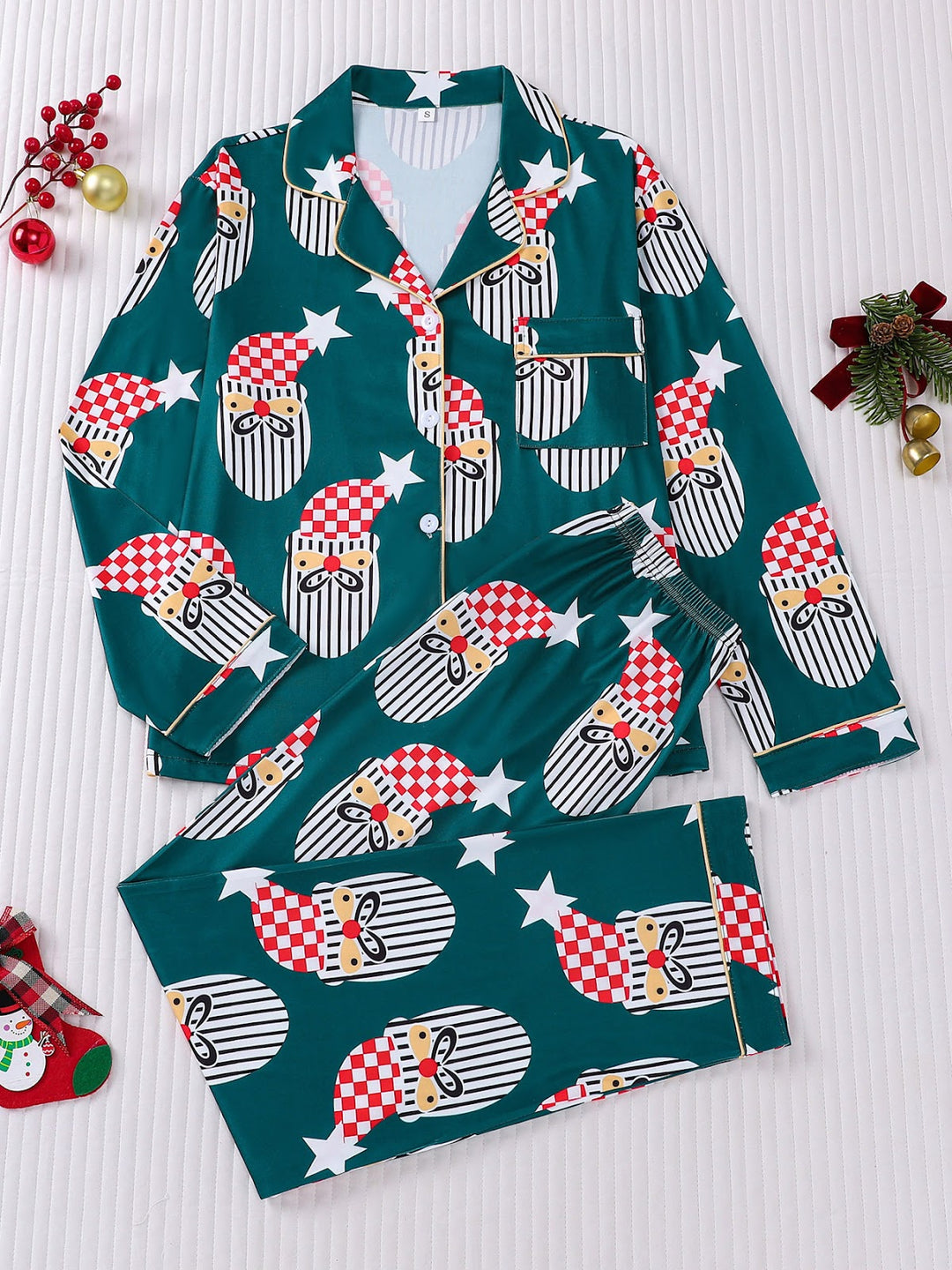 Damen-Pyjama-Set, gestreift, Weihnachtsbaum-Druck, Reverskragen