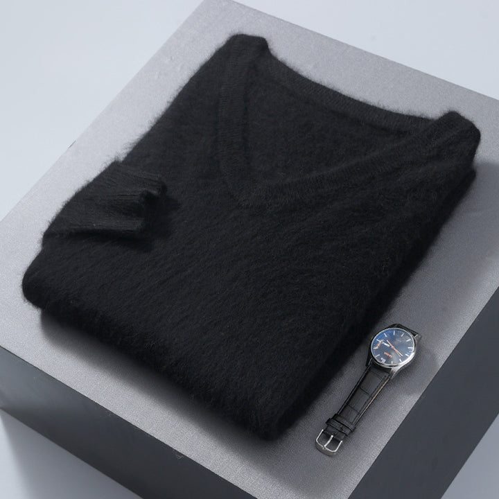 Herren-Wollpullover, V-Ausschnitt, locker, unifarben