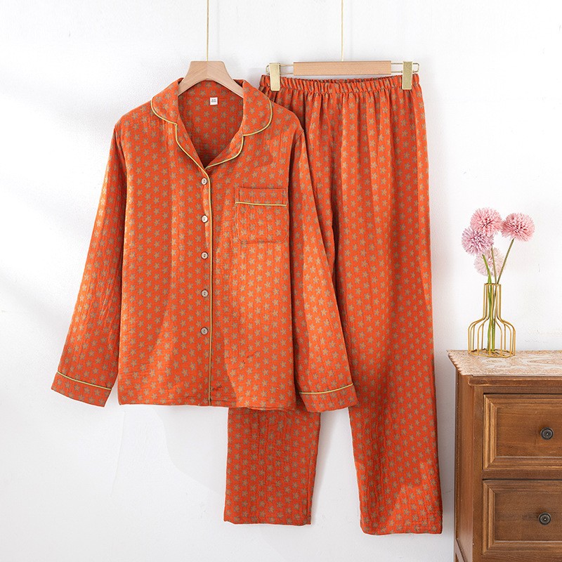 Damen-Pyjama-Set aus Baumwoll-Gaze, langärmelig, Vintage-Stil