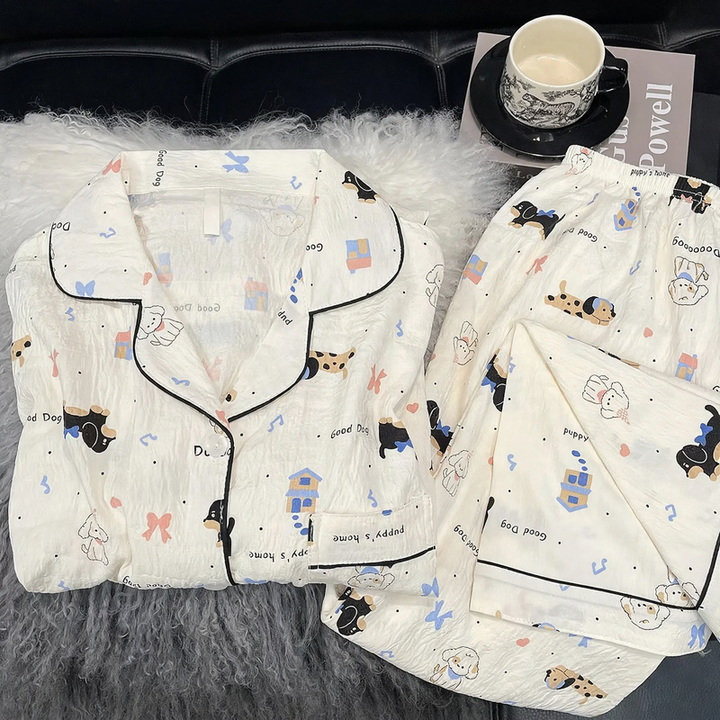 Damen-Pyjama, langärmelig, weich, Cartoon-Design