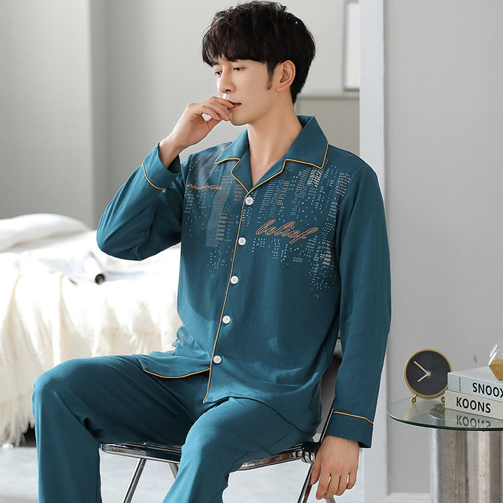 Herren-Pyjama-Set, Baumwolle, Langarm, mit Knopfleiste