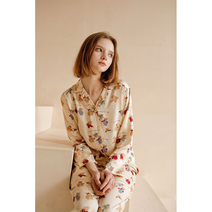 Damen-Pyjama-Set, Satin-Optik, Weihnachtshasen-Druck