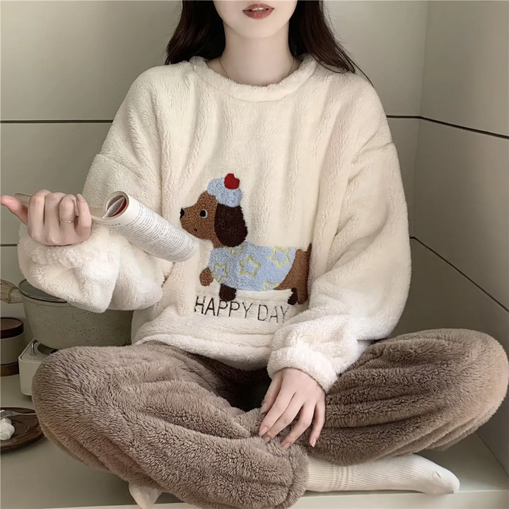 Damen-Schlafanzug, Flanell, langärmelig, verspieltes Design