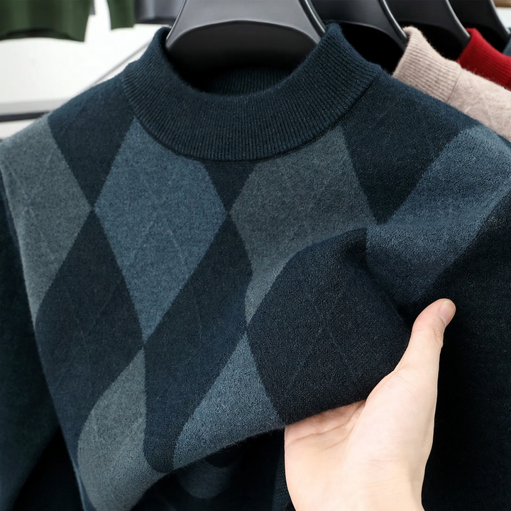 Herren-Wollpullover, kariert, Stehkragen, extra warm