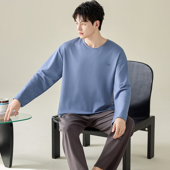Herren-Pyjama-Set, 100% Baumwolle, Langarm, modern