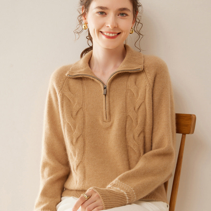Damen-Kaschmirpullover mit Stehkragen und Reißverschluss