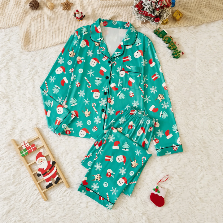 Damen-Pyjama-Set, langärmelig, mit Reverskragen und Weihnachtsmotiven
