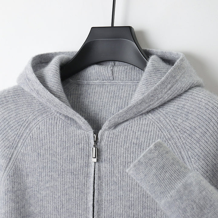 Herren-Strickjacke mit Kapuze, 100% Wolle