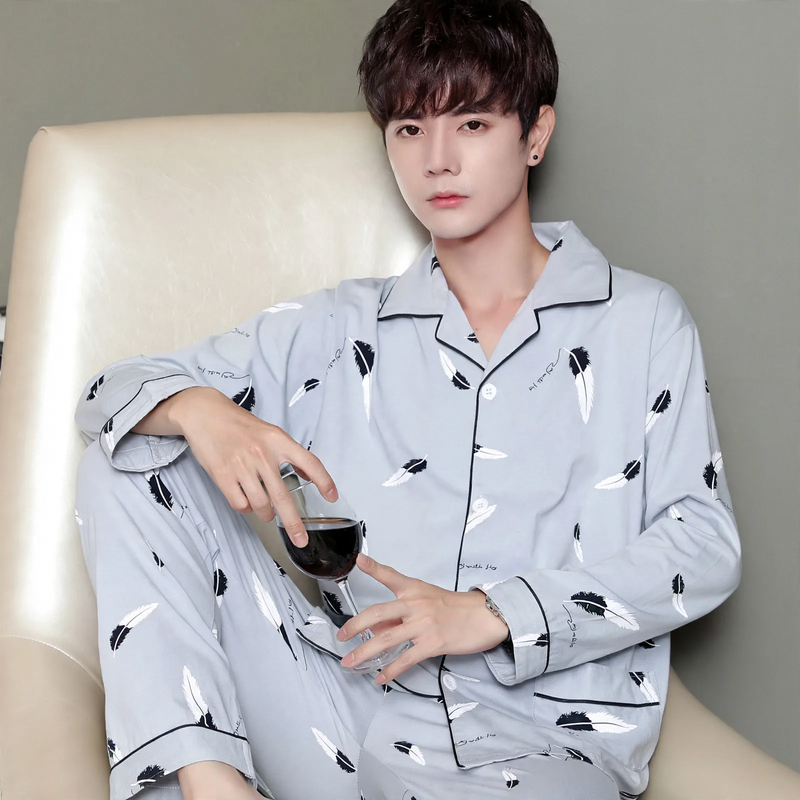 Herren-Pyjama-Set, 100% Baumwolle, Langarm