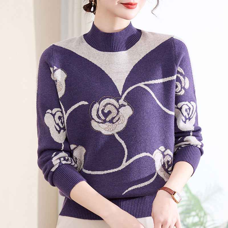 Damen-Strickpullover mit Stehkragen und Blumenmuster