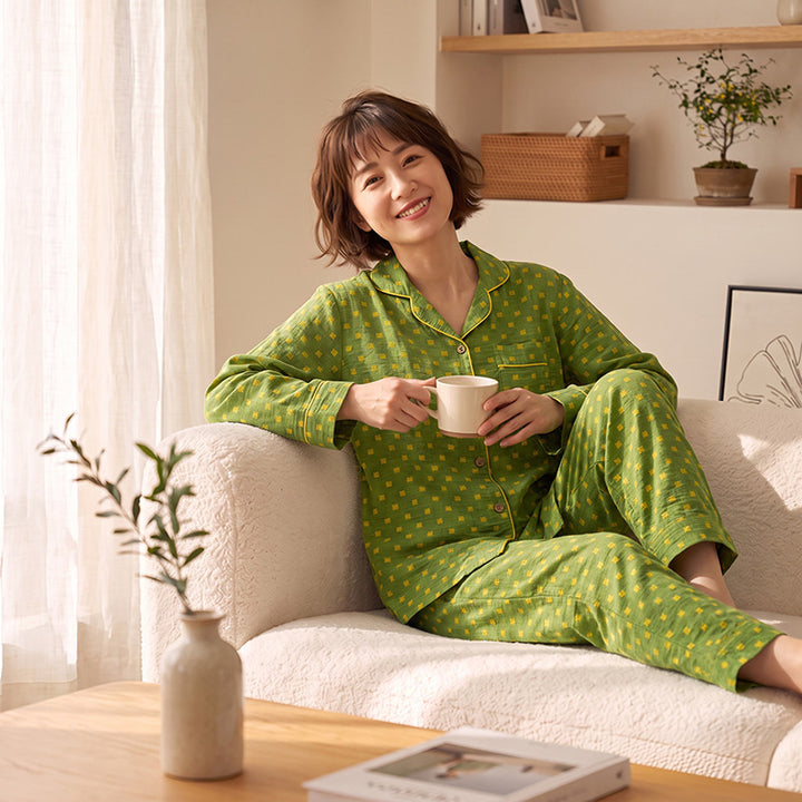 Damen-Pyjama-Set aus Baumwoll-Doppelgaze mit Revers